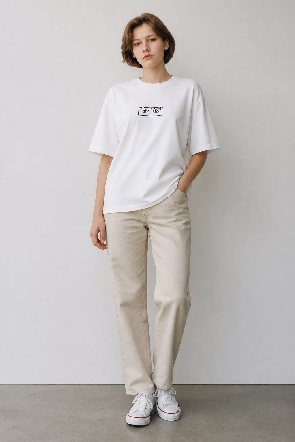 Kagurabachi Inspired "Chihiro Eyes" High-Density Embroidered Boxy Tee – White